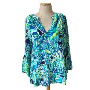 Lilly Pulitzer Women's Sz M Tropical Print Silk Blouse V-Neck & Bell Sleeves